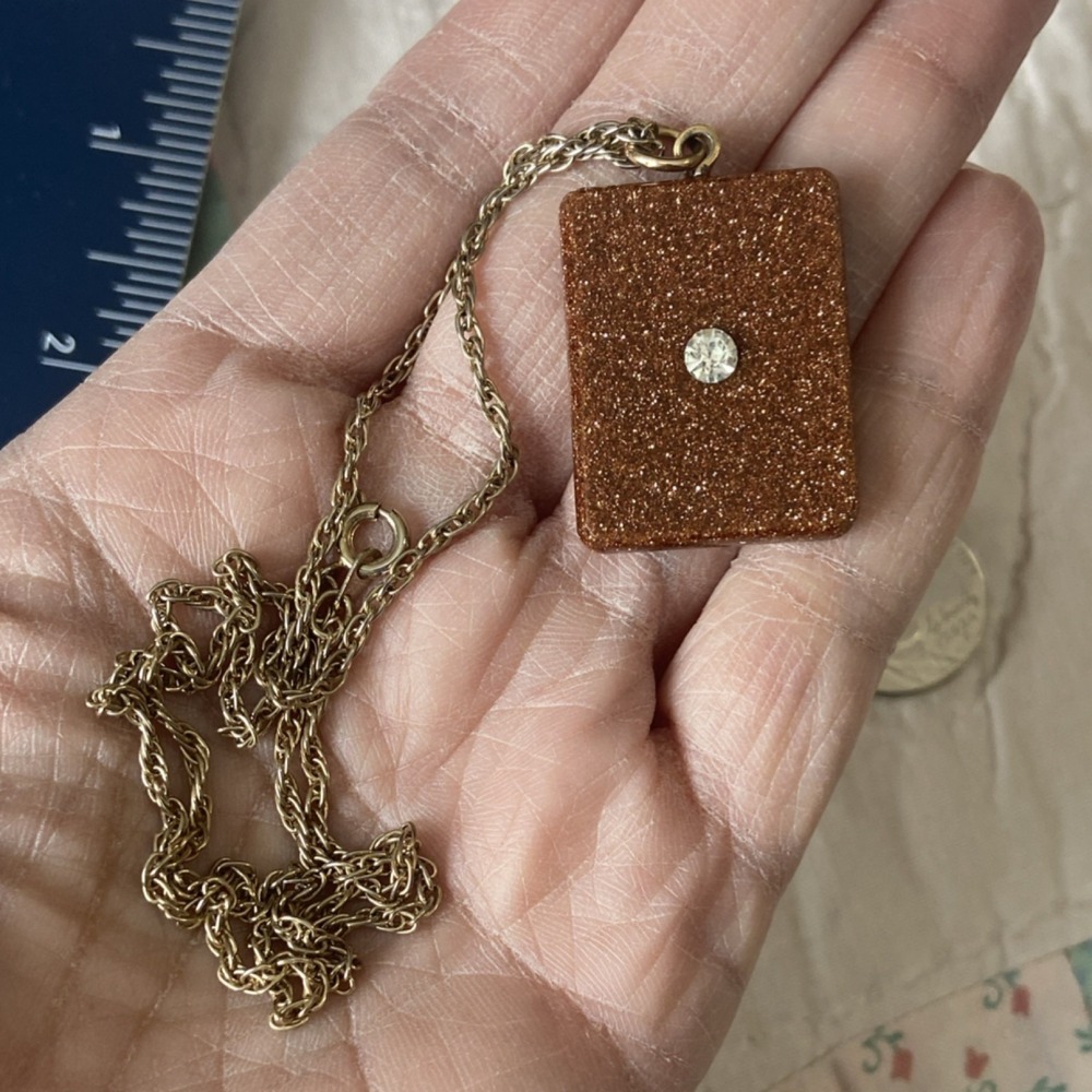Vintage Goldstone With Crystal Unique Sparkly Shimmer Mystical Gold Necklace - Picture 2 of 8